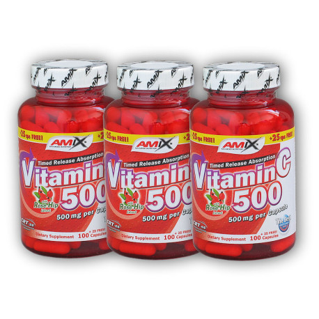 3x Vitamin C 500mg + Rose Hips 125 kapslí